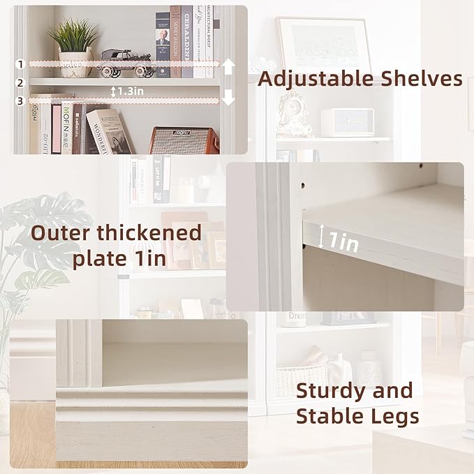 RWYHG 70" White Tall Bookshelf Set of 2,5-Tier Thick Wooden Book Shelf with Adjustable Shelves,Free Standing Farmhouse Bookcase with Open Display Storage,Floor Vintage Bookshelves for Living Room