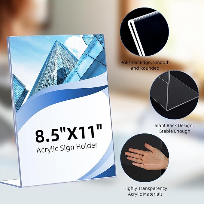 DECOHOBO 24 Pack Acrylic Sign Holder 8.5 x 11, Clear Plastic Display Stands for Tabletop, L-Shape Acrylic Stands for Flyers, Documents, Office, Restaurants, Vertical Sign Holder 8.5x11 for Desktop