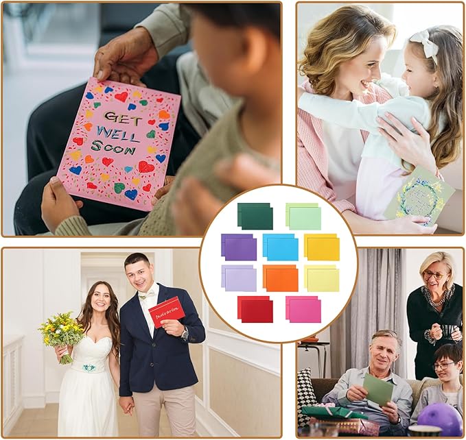 Silunkia 100 Packs 10 Assorted Colors Blank Cards and Envelopes 5 x 7 Heavyweight Single Panel Cardstock and A7 Envelopes Printable Self Seal for DIY Wedding Invitations, Thank You Cards, Baby Shower