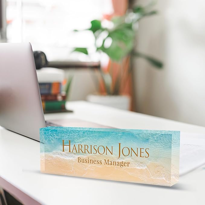 Personalized Name Plate for Desk, Custom Desk Name Plate, Acrylic Name Plate Office Desk Accessories, Personalized Office Gifts for Coworkers Teachers, Employee Appreciation Gifts (B-Beach)