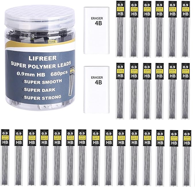 Lifreer 0.9 mm lead refills (680 Pcs), Unbreakable 0.9mm lead pencil refills And 2 Premium Erasers, Long Lasting HB Mechanical Pencil Lead 0.9 Refill For Students & Professionals