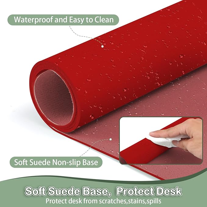 Boutilon Leather Desk Pad Protector,Non-Slip Mouse Pad,Laptop Desk Pad,Office Mouse Mat,Waterproof Leather Desk Blotter,Desk Writing Pad for Office and Home (S-Red,24"x 14")