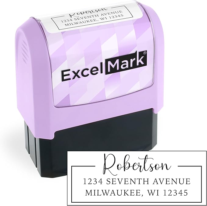 ExcelMark Address Stamp - Custom Return Address Stamp with Elegant Designs, Vibrant Colors & Patterns – Perfect for Mail, Invitations & Gifts (Violet Mount, Signature Frame)
