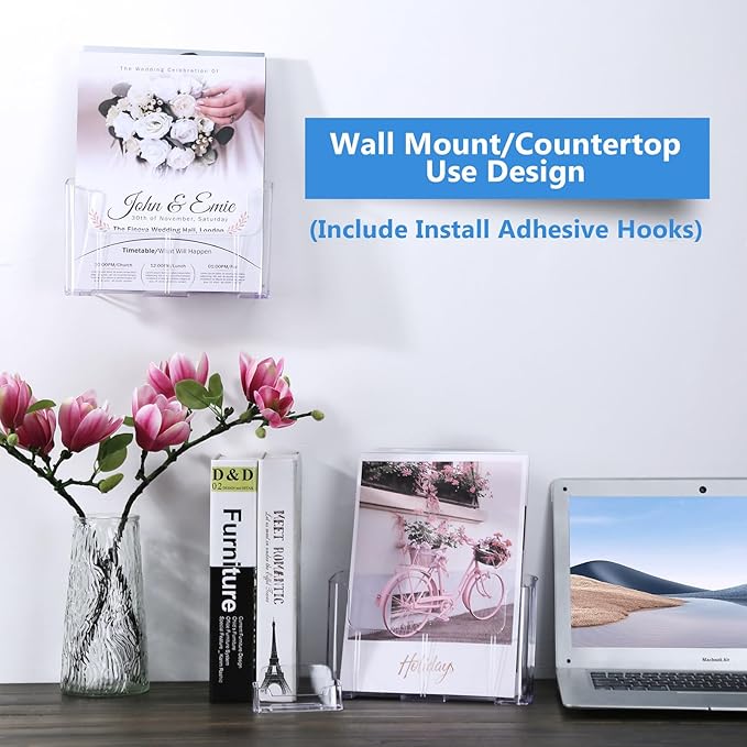 Argvey Acrylic Brochure Holder 8.5 x 11 inches, 2 Pack Clear Brochure Display Stand with Removable Divider for Trifold 4 Inches Wide Pamphlet, Plastic Flyer Holder for Magazine, Literature, Booklet