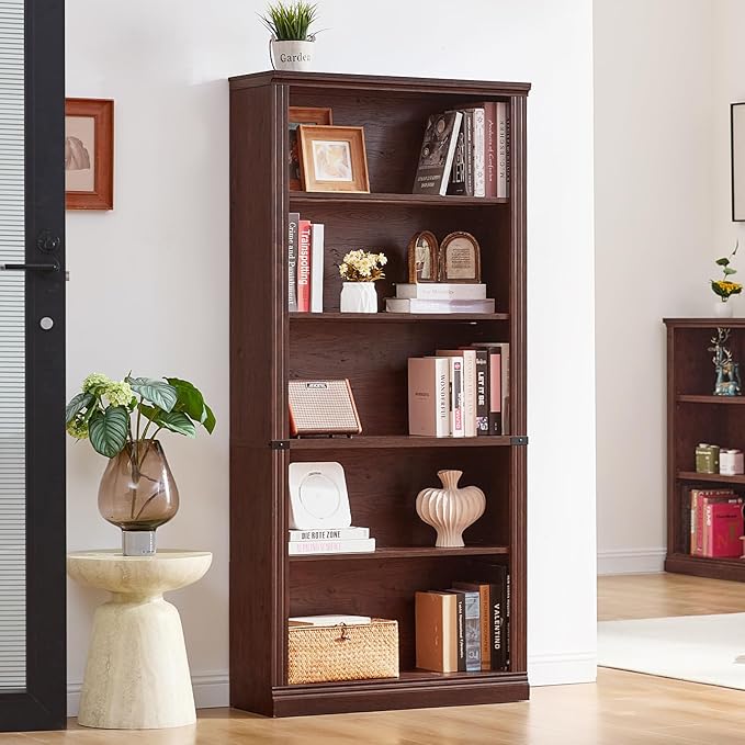 RWYHG 70" Walnut Tall Bookshelf Set of 4,5-Tier Thick Wooden Book Shelf with Adjustable Shelves,Free Standing Farmhouse Bookcase with Open Display Storage,Floor Vintage Bookshelves for Living Room