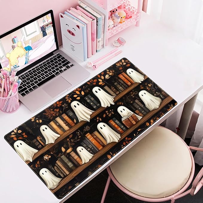 Cute Ghost Desk Mat Bookish Desk Pad XXL Mouse Keyboard Pad, Dark Academia Desk Pad Medieval Flower XXL Mousepad Extended Laptop Computer Keyboard Mat with Stitched Edges Funny Deskpad 31.5x15.7 in