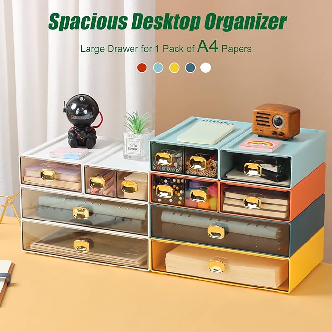 OSteed Spacious Desktop Storage Box, 1 Large 1 Middle & 2 Small Storage Drawers, Stackable Office Desk Drawer Organizer and Accessories, Printer Paper Organizer, Orange Plastic Drawers for Workspace