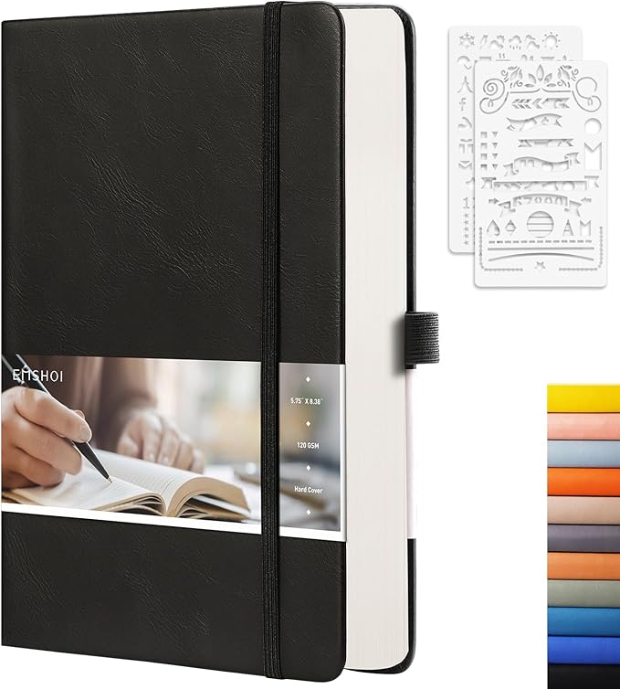 EMSHOI Dotted Notebook - 256 Pages A5 Dotted Grid Journal Notebook,120gsm Thick Paper,16 Perforated Pages, Smooth PU Leather, Inner Pocket,5.75'' × 8.38''-Black