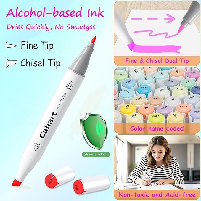 Caliart Alcohol Based Markers, 52 Colors Art Marker Set Fine & Chisel Dual Tip, Permanent Colored Pens for Adults Artists Coloring Book Illustration Sketch Lettering Drawing Cards Planner