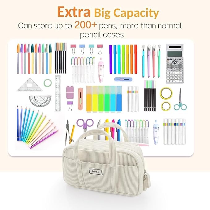 Sooez Large Pencil Case Pouch, Extra Big Pencil Bag with 5 Compartments, Pen Bag Wide Opening, Soft Corduroy Pencil Pouch Organizer with Zipper, Cute Aesthetic School Supplies for Teen Girls-Blue