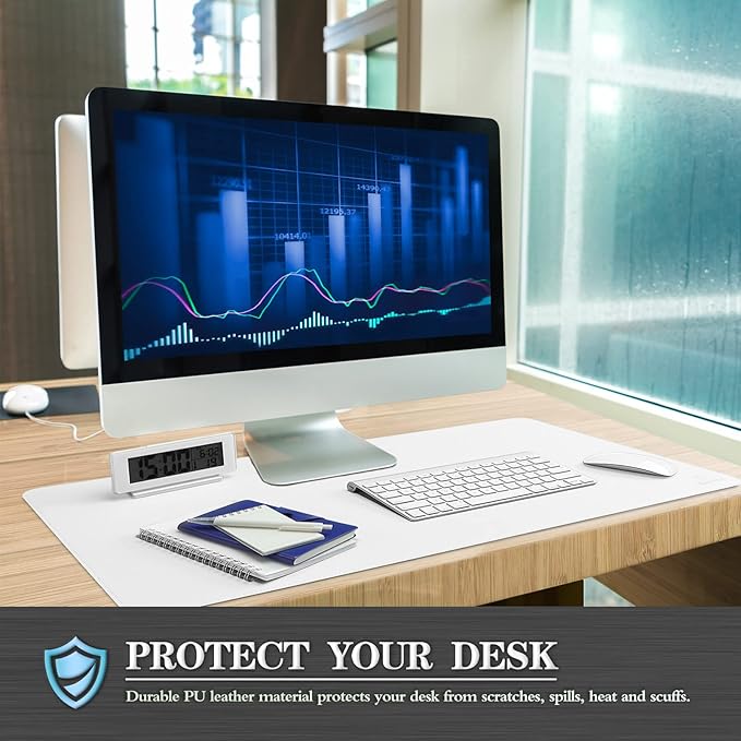 K KNODEL Desk Mat, Blotter, Dual-Sided Office Desk Pad, Waterproof Desk Mat for Desktop, Desk Blotters, PVC Leather Pad Protector (White, 23.6" x 13.8")