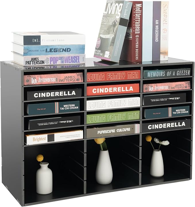 27 Slots Mail Sorters for Office, PVC Literature Organizer with Removable Shelves, Door-Less Mail Center Paper Storage Cabinet for Files Magazines Documents, 9.8 * 2.2in Each Slot (27 Slots - Black)
