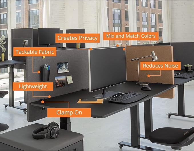 Stand Up Desk Store ReFocus Clamp-on Acoustic Desk Divider Privacy Panel That Reduces Noise and Visual Distractions (Ash Gray, 23.6" x 23.6")