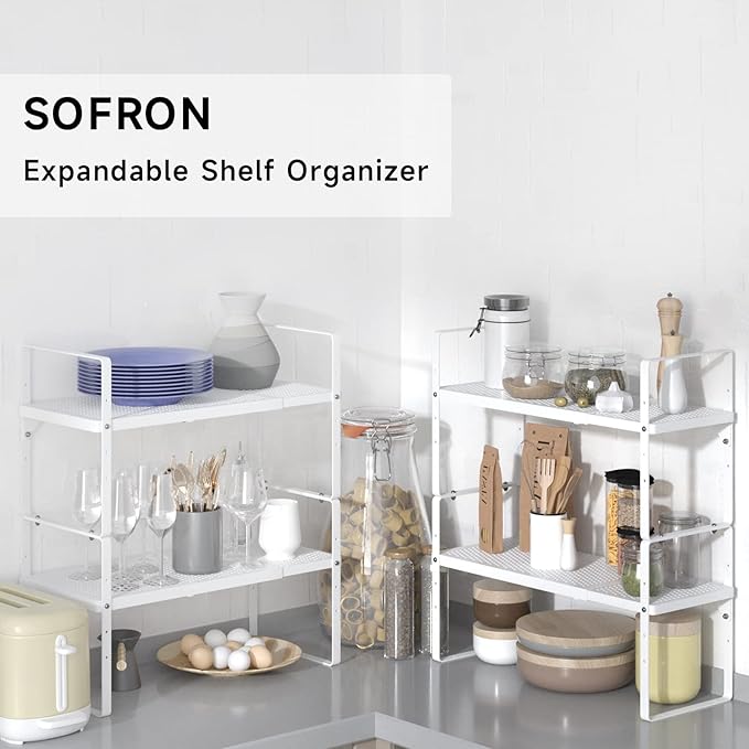 SOFRON Expandable Cabinet Storage Shelf Stackable Organizer Rack for Kitchen Bathroom Pantry Spice Cupboard Coffee Countertop Home Office Desk Heavy Duty Nonslip White Small 2 Packs