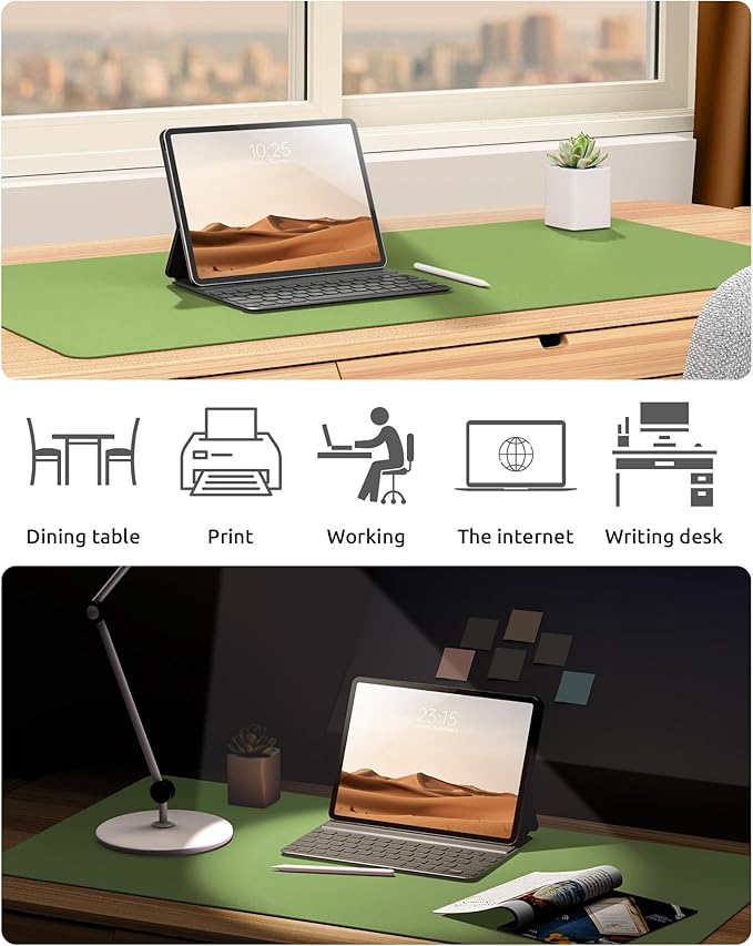 YSAGi Leather Desk Protector, Office Mat, Large Mouse Mat, Non-Slip PU Leather Blotter, Laptop Pad, Waterproof Writing Pad for Office and Home (Leaf Green, 31.5" x 15.8")