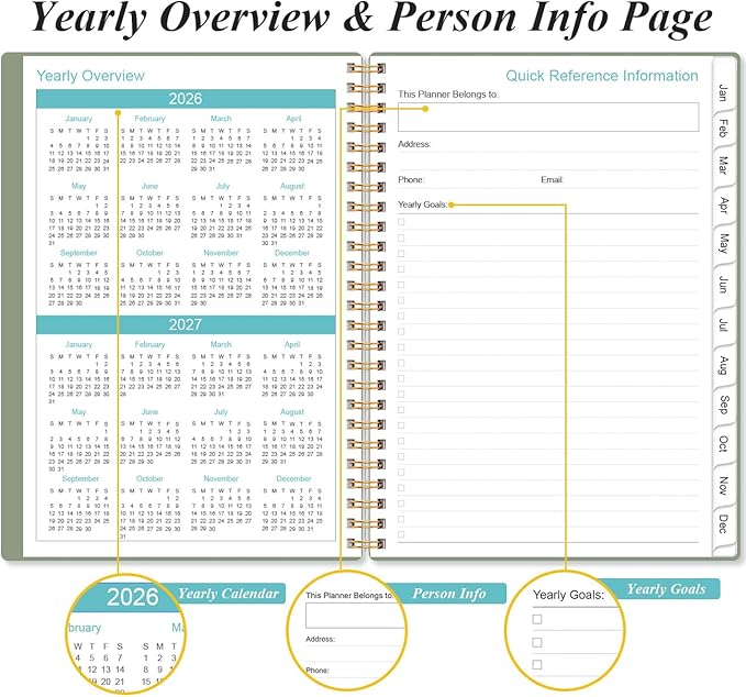2026 Planner - Planner 2026 from January 2026 - December 2026, Weekly & Monthly Planners Spiral Bound with 12 Monthly Tabs, Inner Pocket, 6.4" x 8.5", Green