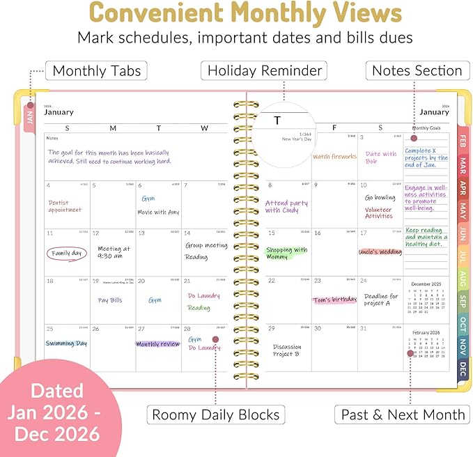 Forvencer 2026 Planner, Hardcover Calendar Planner Weekly and Monthly, Jan 2026 - Dec 2026, 6" x 8", Spiral Agenda Book with Tabs, Exquisite Daily Journal Organizer for Home School, Light Blue