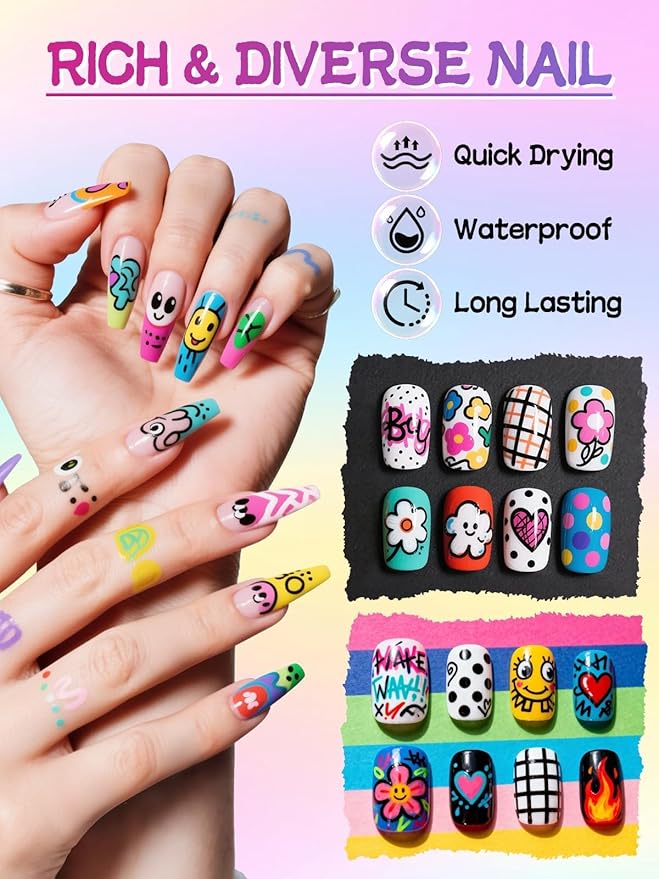 EBANKU 12 Colors Nail Art Pens Kit 0.5MM Ultra-Fine Tip 3D Nail Polish Pens Quick-Dry Acrylic Paint Pens Nail Markers Dotting Tools for Home & Salon Manicure