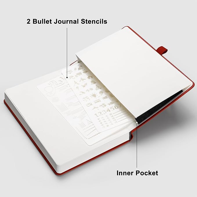 RETTACY Bullet Dotted Journal Notebook, 320 Numbered Pages, A5 Medium Size (5.7'' × 8.3''), Leather Hardcover, 100 GSM Thick Paper, for Bullet Journaling, Planning, Tracking (Red)