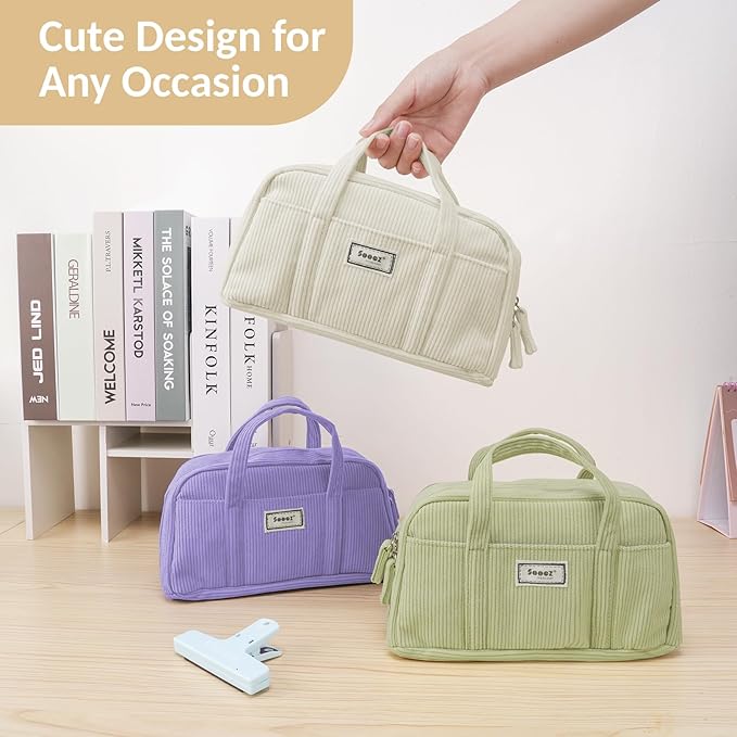 Sooez Large Pencil Case Pouch, Extra Big Pencil Bag with 5 Compartments, Pen Bag Wide Opening, Soft Corduroy Pencil Pouch Organizer with Zipper, Cute Aesthetic School Supplies for Girls-Light Purple
