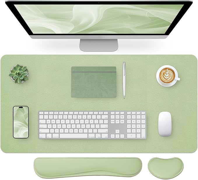 Bloss Leather Desk Mat and Keyboard Wrist Rest, Large Mouse Pad + Keyboard Pad+Mouse Wrist Support, Non-Slip Desk Mat Protector for Office, Home(35.4×15.7 Inches, Green)