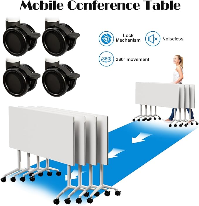 Conference Table Flip Top Mobile Conference Room Tables,Folding Conference Table with Wheels,Large Meeting Training Seminar Table Saving Space for Office Classroom (10, White, 70.8'')