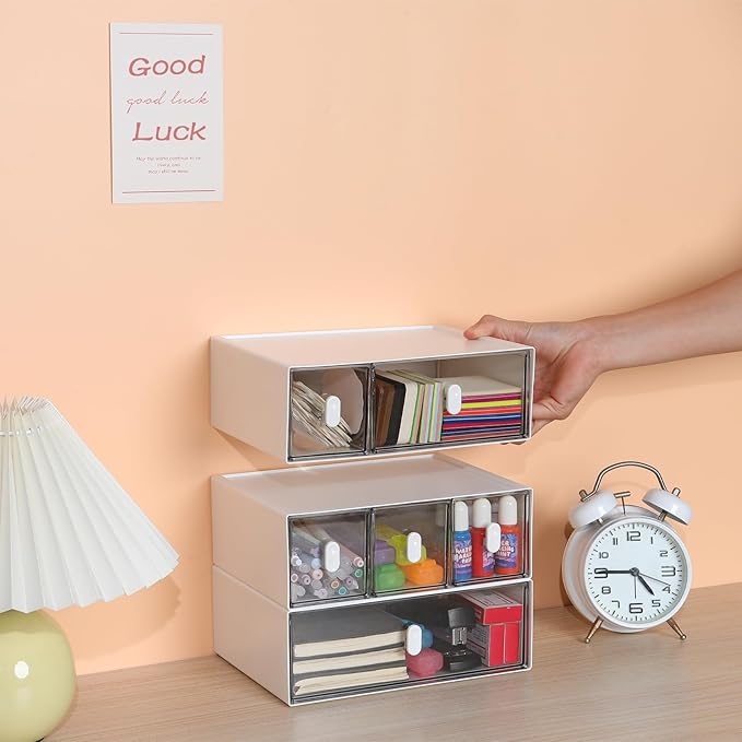 OSteed Desktop Drawers, Desk Organizer with 6 Drawers & Upright Handles, Stackable Craft Storage Box for Home Collection, Cosmetics, Office Supplies (3 Tiers, White & Clear)