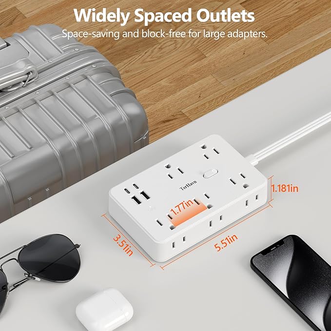 Surge Protector Power Strip 10 FT Flat Extension Cord ，10 AC Outlets & 4 USB Ports(5V/3.4A 17W), 1080J ，Wall Mountable Desktop Charging Station with Flat Plug for Office Supplies and Home, White