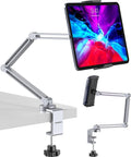 YICOSUN Tablet Arm Mount with Super Grip, Adjustable Foldable Holder & Heavy Duty Aluminum 360° Rotating Clamp for iPad, Phone, Monitor, Kindle - Universal for Desk, Bed, Kitchen - Silver
