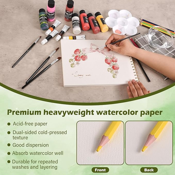 Watercolor Paper Pad 8" x11” (26Sheets, 140lb/300g), Spiral - Bound with Tear - Line. Artist-Grade Mixed Media Sketchbook- Water Color Paper for Adults Kids-Watercolor Sketches,and Art Journals