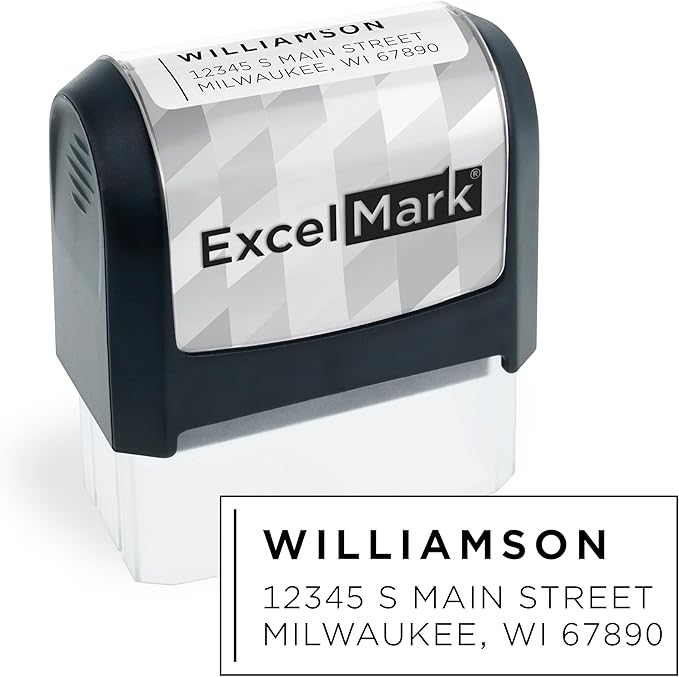 ExcelMark Address Stamp - Custom Return Address Stamp with Elegant Designs, Vibrant Colors & Patterns – Perfect for Mail, Invitations & Gifts (Black Mount, Modern Line)