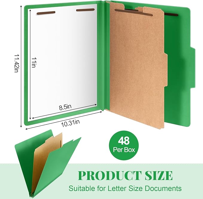 Skyygemm 48 Pcs Classification Folders Letter Size, 1 Divider Pressboard File Folder with Fasteners, Expanding File Organizer Bulk for School Teachers, Office Employee, Coworker, Staff (Green)