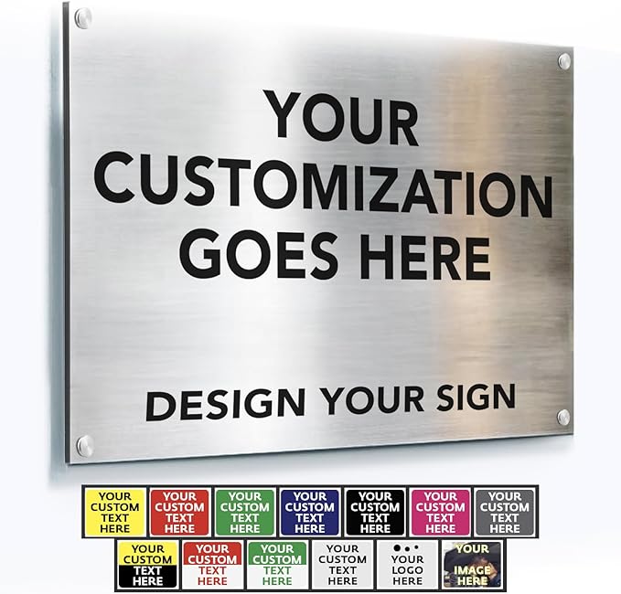 Custom Outdoor Aluminum Signs, Personalized Business Signs, Waterproof Silver Brushed Metal 10x7 In