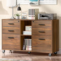 Lateral File Cabinet with Lock, Large Mobile Storage Filing Cabinet with 6 Drawers Fits Files Letter/A4 Size, Rolling Printer Stand with Open Storage Adjustable Shelf for Home Office, Brown