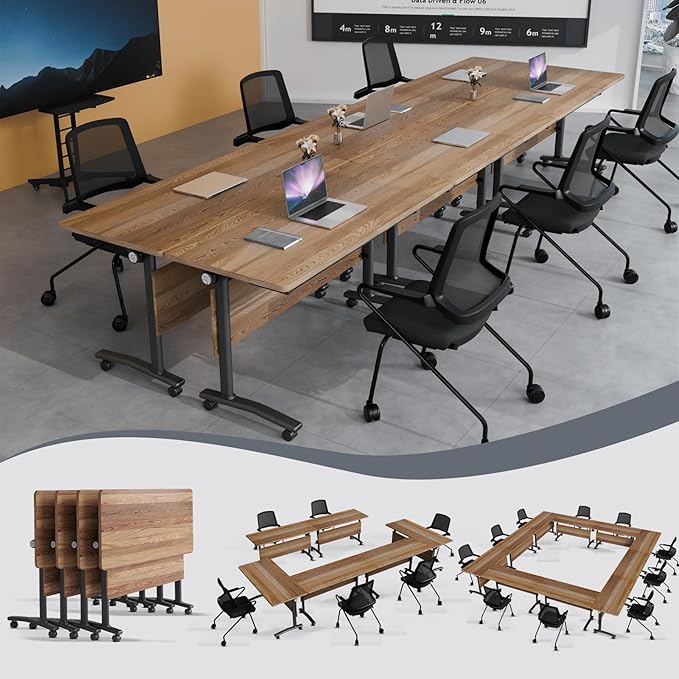Folding Conference Table 4ft 5ft, Foldable Office Meeting Desk for 6 People, Multiple Sizes Colors Mobile Conference Room Table for Training Room School Business Furniture (6, White Walnut, 71in)