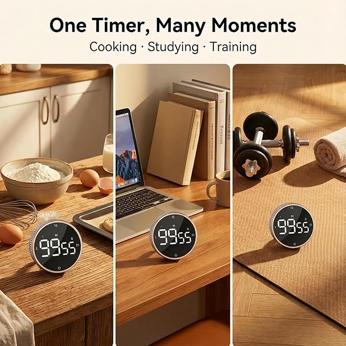 Rechargeable Magnetic Kitchen Timer,LED Countdown/Up Timer, Supports USB-C Charging,with Loud Alarm,3 Preset Quick Times(5/15/25m),Perfect for Kitchen Cooking, Studying, and Fitness (Brown)