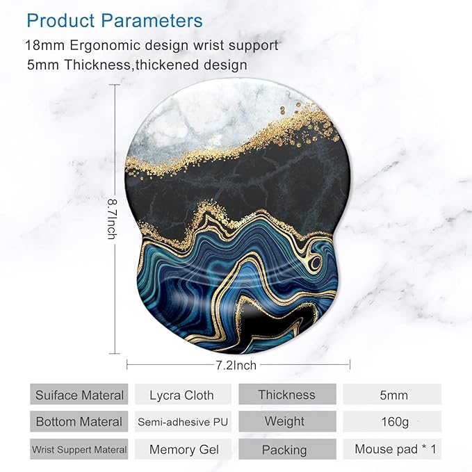 ITNRSIIET Ergonomic Mouse Pad with Gel Wrist Support Small Wrist Rest Smooth Surface Non-Slip PU Base Comfortable Office Supplies Pain Relief, 8.7 x 7.2 inches, Abstract Art Marble