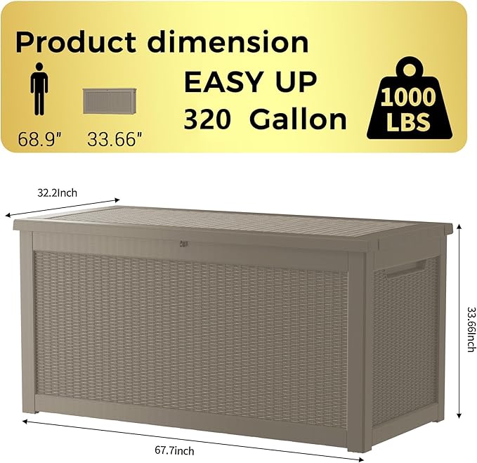 Yardgrace 320 Gallon Lockable Resin Deck Box, Waterproof & UV-Resistant Outdoor Storage Box for Outdoor Cushion Storage, Garden Tools & Pool Accessories Storage, Gray