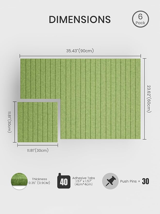 Bumusty Large Cork Board Alternative-36 x24 Felt Bulletin Board Tiles, with 30 Pushpins, 40 Adhesive Tabs, 6-Pack Slat Wall Paneling, Cork Boards for Office Push Pin Board Felt Board-Kelly Green