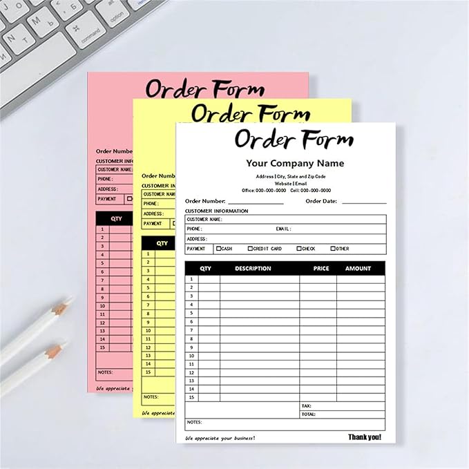 Custom Invoice Book in 3-Part /2-Part Receipt Book with Carbon Copies Personalized Carbonless Service Invoice Form Books Sales Order Book with Company Name Logo Address,B-Order Form Book with Logo