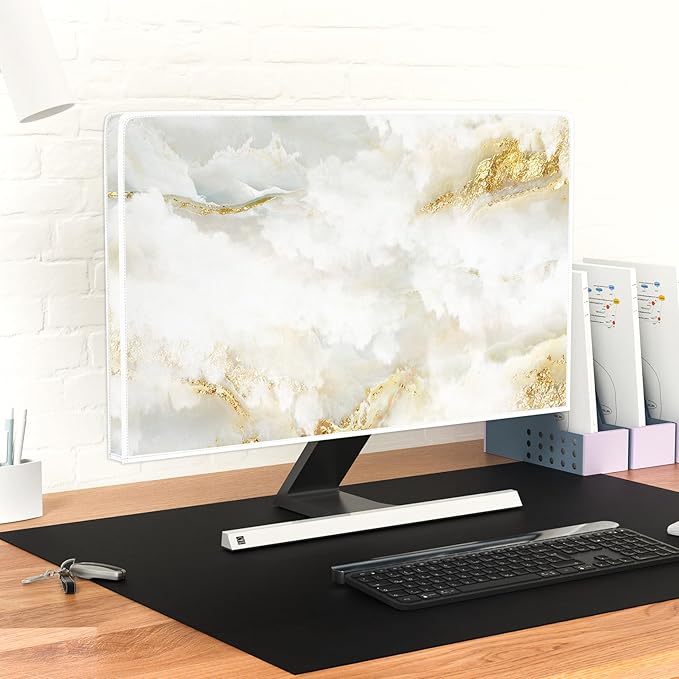 Baocicco White Gold Computer Monitor Cover with Abstract Texture Marble Design 26, 27, 28 Inch Panel Case Computer Monitor Covers Sleeve Compatible with PC Desktop and TV LCD/LED/HD Screen Cover