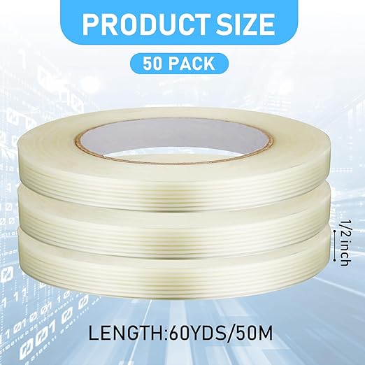 Treela 50 Rolls 1/2 Inch X 60 Yards Filament Strapping Tape 5.5 Mil Transparent Reinforced Fiberglass Heavy Duty Packing Shipping Tape for Sealing Binding Fixing