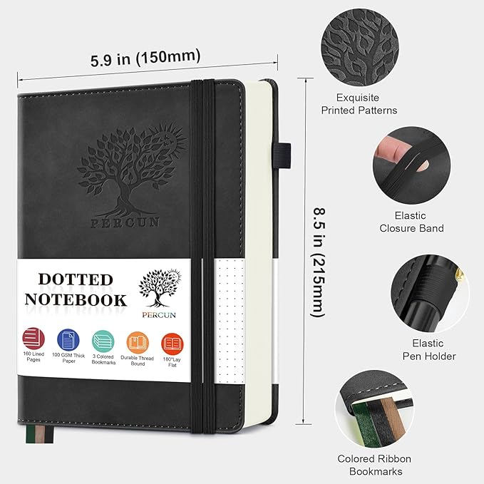 PERCUN Dotted Journal Notebook for Men & Women, 160 Pages Dot Grid notebook for Note Taking, Bullet Journaling Notebook for Work, School, Travel, Writing, A5 Hardcover 5.9" x 8.5" (Black)