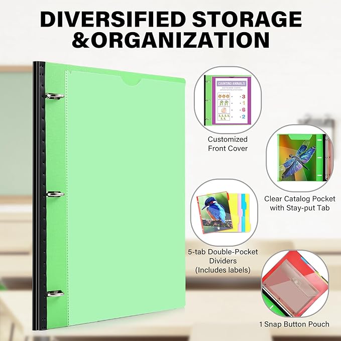 WOT I Telescoping Project Organizer 2-Pack, Refillable Binder with Dividers and Pockets, 13 Pocket Folders, 1 Inch 3 Ring Binder, Green