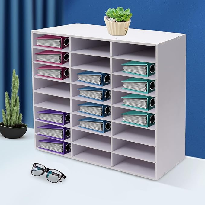 24 Slots Mail Sorters for Office, Desktop Literature Organizer with Removable Shelves, PVC Mail Center Paper Storage Cabinet for Files Magazines Documents, 9 * 2.6in Each Slot (24 Slots - White)