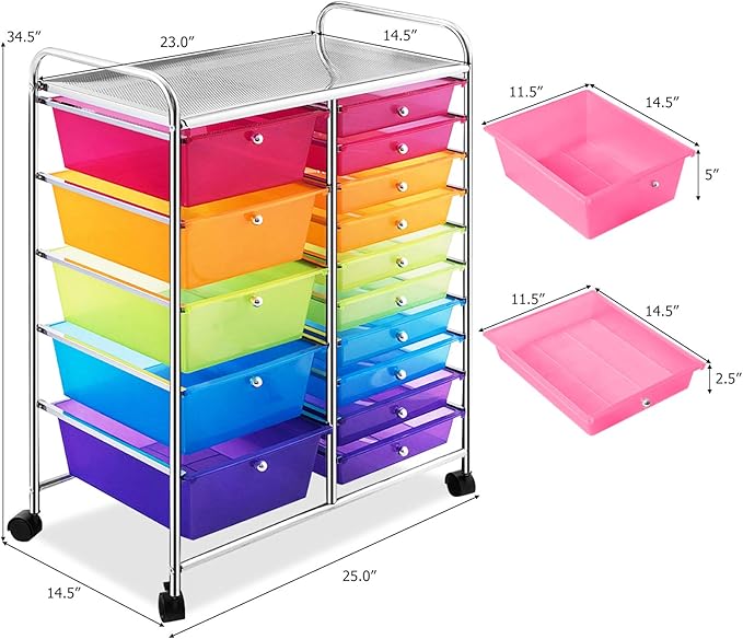 HAPPYGRILL 15-Drawer Rolling Cart, Storage Carts with Removable Drawers & Steel Frame, Utility Cart on Lockable Wheels for Home, School, Office,Colorful