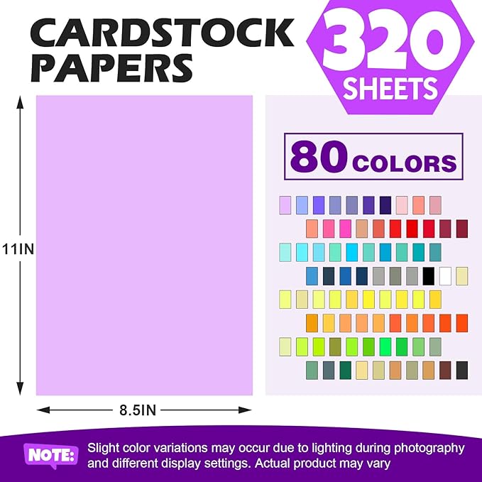 320 Sheets 8.5" X 11" Colored Cardstock, 80 Assorted Colors 180 GSM/65 LB Construction Paper Card Stock Printer Paper for Printing, Card Making, DIY Crafts, Kids School Supplies,Party Decorations