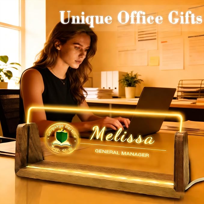 Desk Name Plate Personalized Custom Light Up Acrylic Plaque for Desk Customized Office Gifts for Coworkers Teacher Employee Office Decor for Women Men