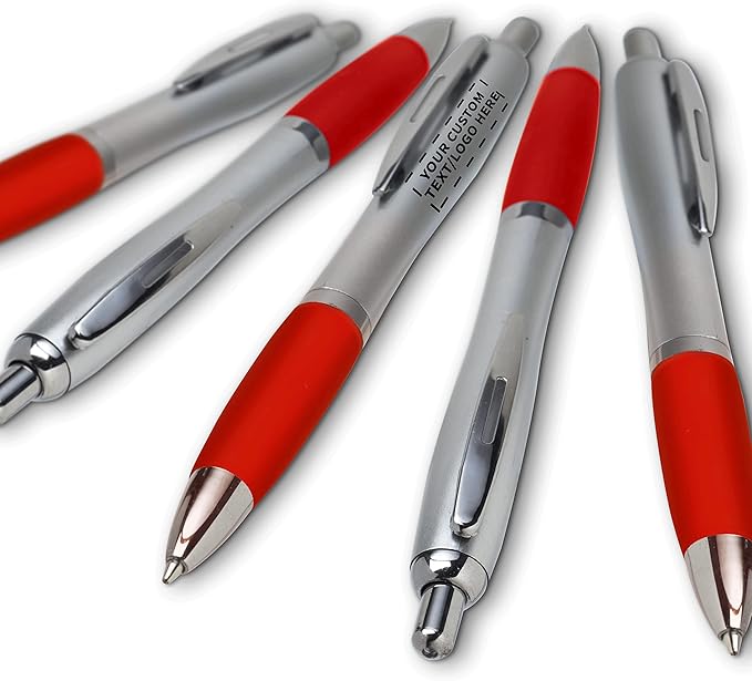 DISCOUNT PROMOS Personalized Ballpoint Pens With Rubber Grip, 10 pack Customizable Ergonomic Click-to-Write Custom Writing Pens for School with Black Ink, Red
