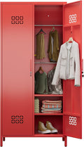 SUPEER 2 Doors Metal Storage Locker with Adjustable Shelves and 2 Hanging Rods, Metal Wardrobe Cabinet with Lock,Wardrobe Lockers for Home,Office,Assembly Required,Red